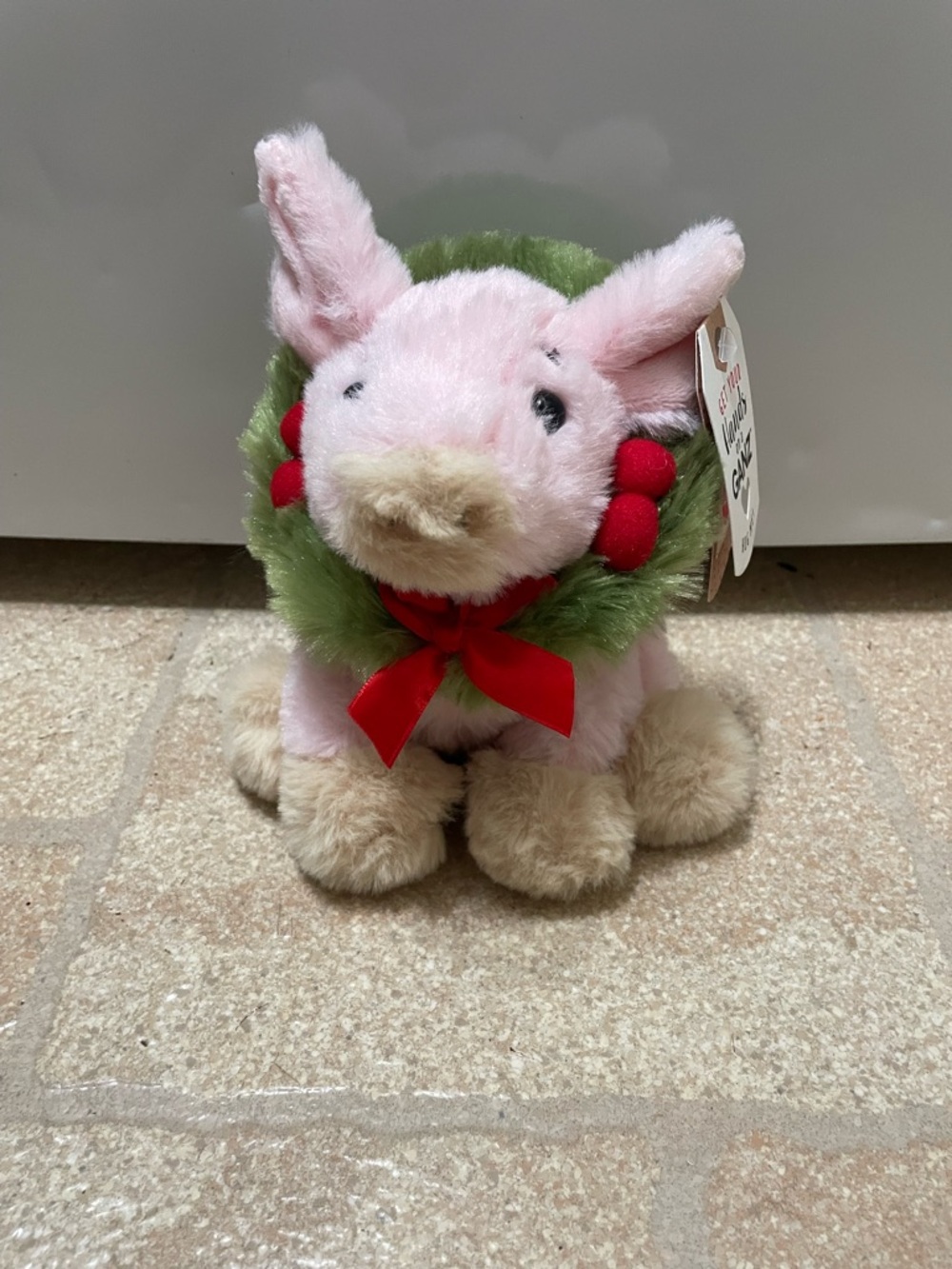 Ganz Yuletide Wreath Pink and White Pig Plush Stuffed Animal Christmas 6"